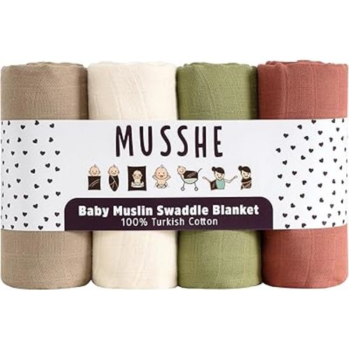 Muslin Swaddle Blankets - 4 Pack, 100% Organic Turkish Cotton Baby Blankets, Soft & Breathable Newborn Swaddles, Baby Wrap for Boys & Girls, Ideal for Sensitive Skin (4 Pcs, 40x40 Inch)