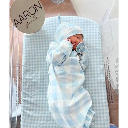 Baby Boy Knot Gown, Newborn Sleeper and Hat Set, Baby Shower Gift, Blue and White Baby Sleeper