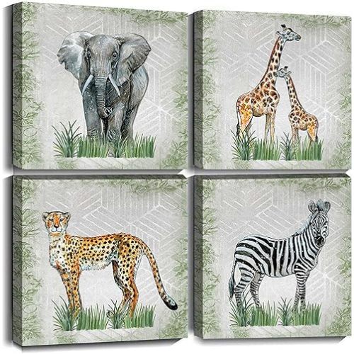 Byllyaz Wild Animals Canvas Wall Art for Bedroom Decor Retro Elephant Leopard with Green Plants Print Picture for Home Decor 4Pcs/Set 12x12
