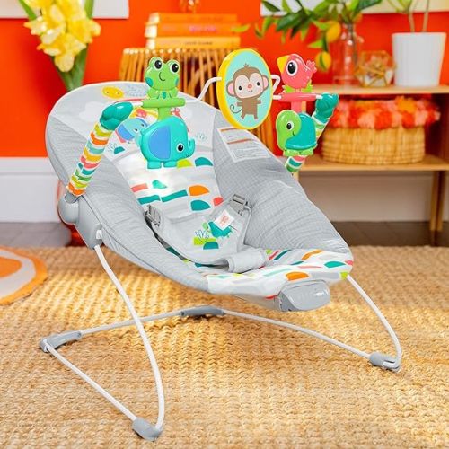 Bright Starts Playful Paradise Comfy Baby Bouncer Seat with Soothing Vibration and Toys, Unisex, 0-6 Months