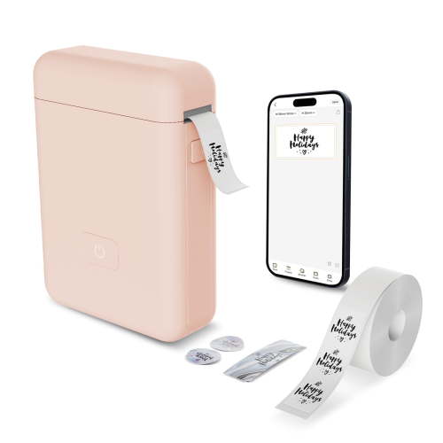 Label Maker Machine with Tape - HP2 Portable Bluetooth Label Printer for Storage, Office, Home, Mini Smart Phone, Pink