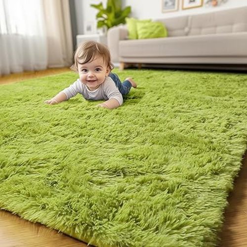 Grass Green Rugs for Bedroom, Fluffy Shag Area Rug 4x6 for Kids Room Living Room Baby Nursery Decor Aesthetic, Cute Furry Cool Shaggy Throw Bedside Fuzzy Plush Moss Carpet for Dorm Classroom Playroom