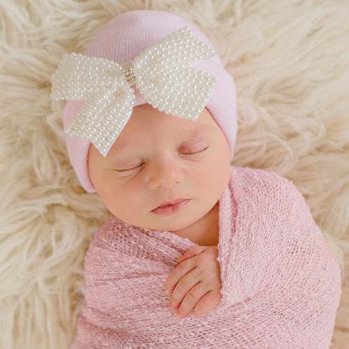 Lacey Pearl Bow Nursery Newborn Girl Pink Hospital Hat - ilybean nursery beanies