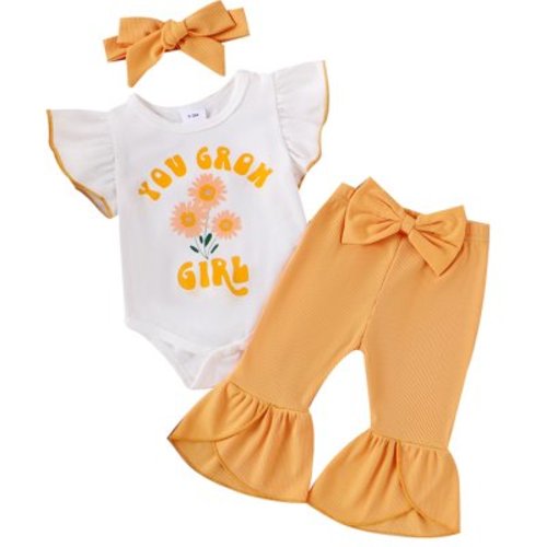 Newborn Baby Girls Summer Outfits Set Letter Flower Romper Bow Flare Pants Toddler 3pcs Clothes
