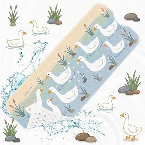 Cute White Goose Bathtub Shower Mat Cottagecore Blue Non-Slip Tub Extra Long Bath Floor 40X16 Inch Machine Washable for Bathroom Tub Bath Mat for Toddler and Baby