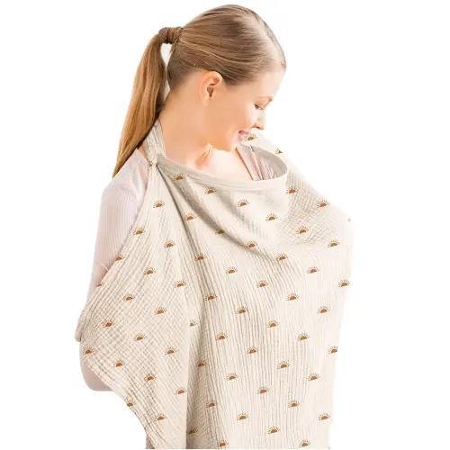 Konssy Muslin Nursing Cover for Baby Breastfeeding, Breathable 100% Cotton Breastfeeding Cover with Rigid Hoop for Mother Nursing Apron, Multi-use Carseat Canopy (Sun)