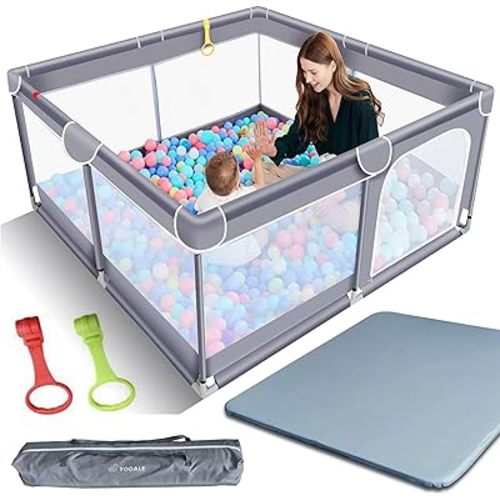 TODALE Baby Playpen with Playmat- Safe Sturdy Anti-Slip, No Gaps Play Yard for Floor, Baby, Toddler, Infant, Child, Indoor & Outdoor, Self-Inflatable Foldable Mat, Play Pen & Play Mat (Gray,50”×50”)