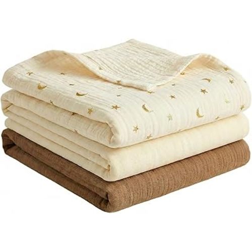Muslin Swaddle Blankets for Boys Girls, 3 Pack Receiving Baby Blanket Large 47 x 47 inches, Soft Breathable Swaddling Wrap for Unisex Newborn (Star, Beige, Brown)