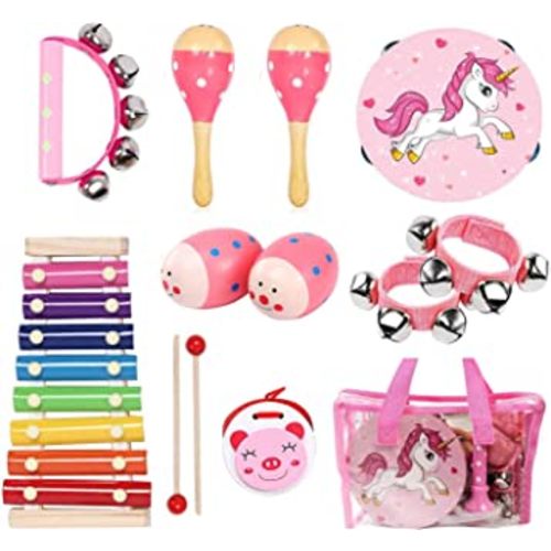 Kids Musical Instruments Sets, 12pcs Wooden Percussion Instruments Toys Tambourine Xylophone for Kids Playing Preschool Education, Early Learning Musical Toys for Boys Girls Gift (Pink)