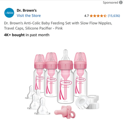 Dr. Brown's Anti-Colic Baby Feeding Set with Slow Flow Nipples, Travel Caps, Silicone Pacifier - Pink