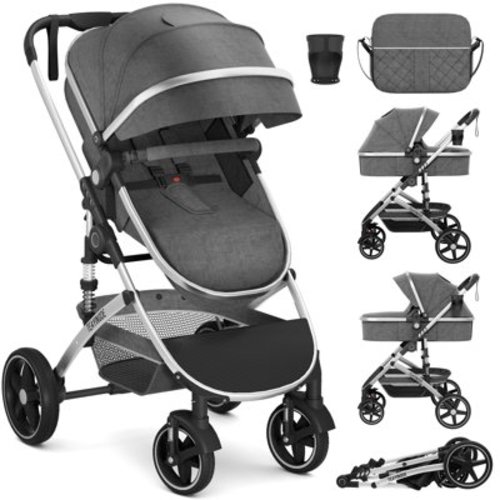 TEAYINGDE 2 in 1 Baby Stroller,Foldable Lightweight Carriage Reversible Bassinet Pram for Toddler,Travel Stroller with with Cup Holder、Storage Bag,Gray