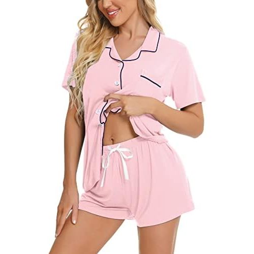 SWOMOG Womens Button Down Pajamas Set Short Sleeve Sleepwear Bride Soft Pj Lounge Sets XS-3XL