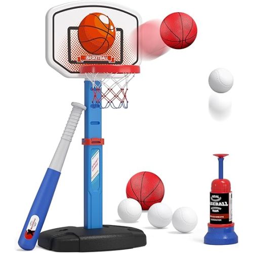 2 in 1 Kids Basketball Hoop and T Ball Set - Adjustable Height, Kids Baseball Tee with Automatic Pitching Machine, Indoor Outdoor Sport Toys Gifts for Toddler Boys Girls Age 1-5, Blue