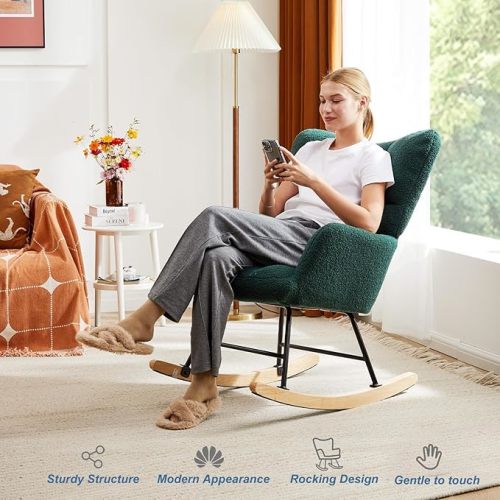 DUMOS Rocking Chair, Teddy Upholstered Glider Rocker with High Backrest, Modern Rocking Accent Chairs Reading Chair Glider Chair for Living Room, Bedroom, Green
