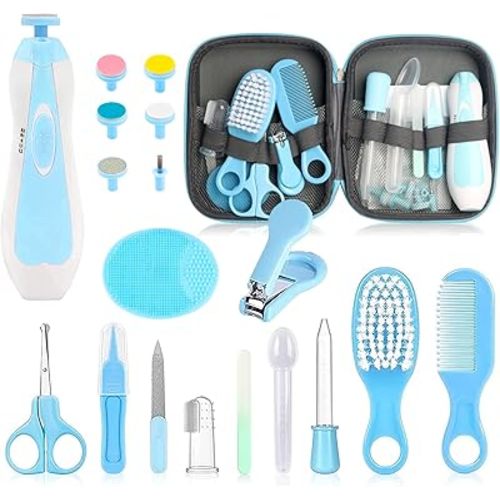 Baby Grooming Kit - 19 in 1 Nursery Essentials Baby Registry Shower Gift for Newborns, Infants, Toddlers, Boys, Girls Kids-Safety Baby Comb, Brush, Finger Toothbrush, Nail Clippers, Scissors(Blue)