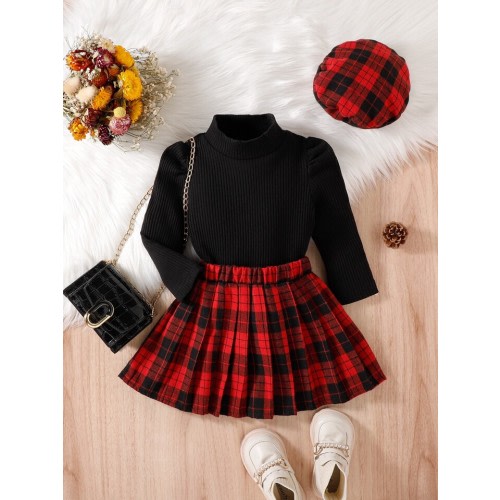Baby Puff Sleeve Rib-knit Tee & Plaid Pleated Skirt: 6-9 Months