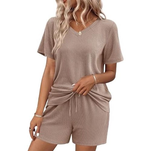 Ekouaer Womens Pajama Sets Short Sleeve Knit Lounge Set 2 Piece Pj Sets for Women V Neck Casual Loungewear
