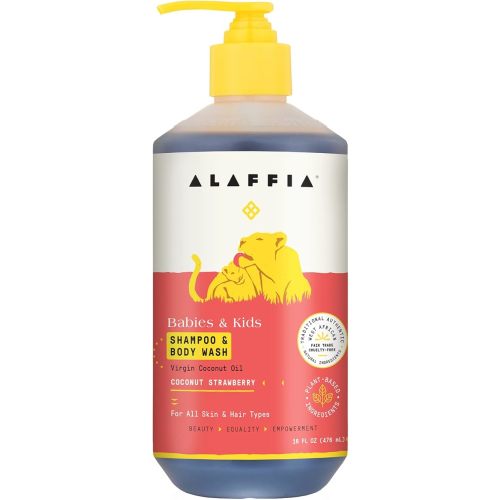 Alaffia Babies and Kids Shampoo and Body Wash, Gentle and Calming Support for Soft Hair and Skin with Shea Butter, Neem, and Coconut Oil, Fair Trade, Coconut Strawberry, 16 Fl Oz
