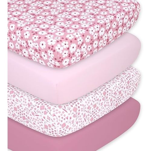 The Peanutshell 4-Pack Fitted Crib Sheet Set - Super Soft & Breathable Baby Girl Crib Sheets, Nursery Decor, Fit for Standard Crib Mattress Sheet - Daisy