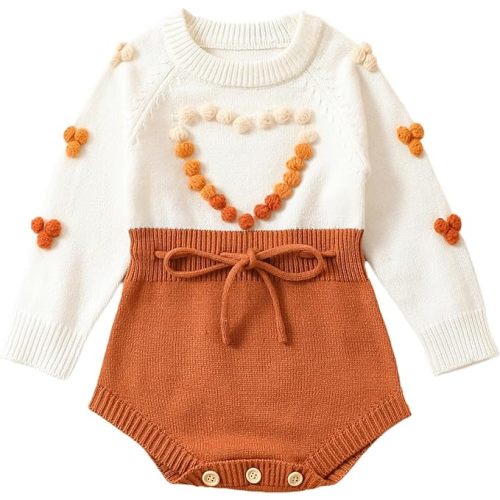 Baby Girl Knitted Romper Sweater Long Sleeve Knit Embroidery Floral One Piece Bodysuits Warm Fall Winter Clothes - Love Heart-caramel - 9-12 Months
