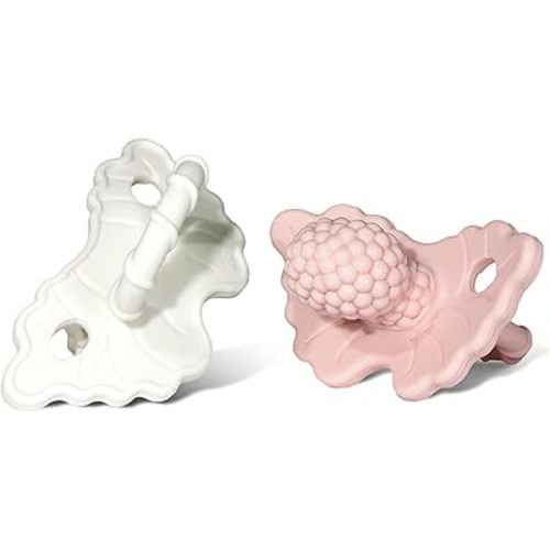 RaZbaby RaZberry Silicone Teether Pacifier – Teething Relief for Infants, Food-Grade, BPA-Free, Hands-Free, Natural Berrybumps Fruit Texture for Sensory Development, Freezable, 2-Pack - Pink & White