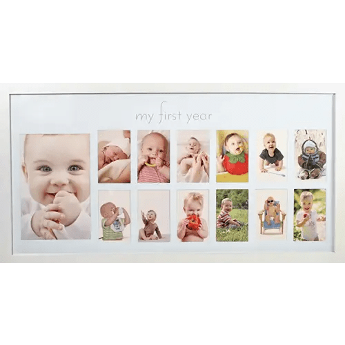 Baby's First Year Frame in Elegant White Natural Wood - My First Year Baby Picture Frame for Photo Memories (White)