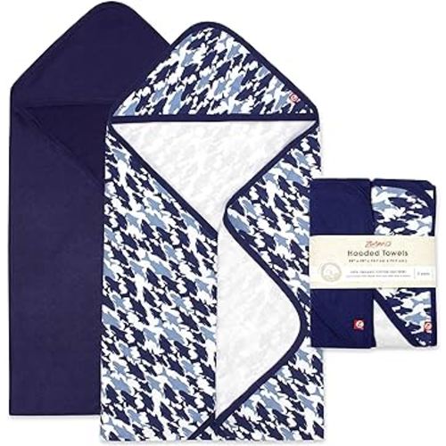Zutano Hooded Baby Towels, Organic Cotton Baby Bath Towel, Ultra Soft and Absorbent Baby Towel for Newborn and Infant | Girl, Boy, and Unisex Towel Set, Shark Camo, 2-Pack