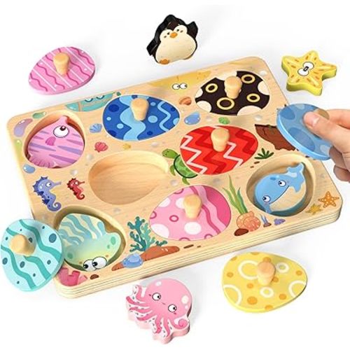 Wooden Puzzles for Toddlers, 8 Pcs Sea Animal Matching Egg Puzzle, Montessori Toys for Boy Girl Easter Birthday Gifts, Preschool Learning Activities & Educational Toys for Boys, Girls