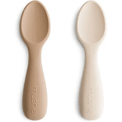 mushie Silicone Toddler Starter Spoons | 2 Pack (Natural/Shifting Sand)