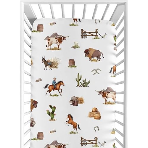 Sweet Jojo Designs Western Cowboy Boy Baby Fitted Crib Sheet Infant Newborn Nursery Toddler Bed Room Standard Mattress Wild West Southern Charm Country South Horse Steer Cow Farm Animal Desert Cactus