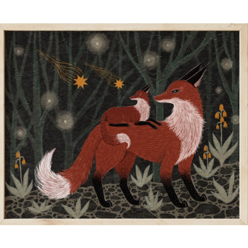 Fox Mama and Baby Folk Nature Print - Red Fox and Shooting Star Wall Décor - Celestial, Witchy, Cottagecore Art
