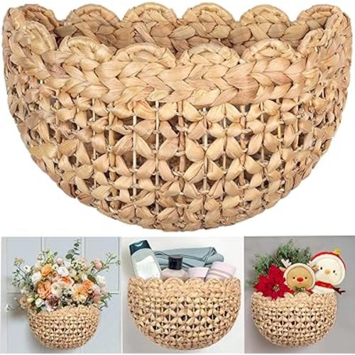 Handwoven Water Hyacinth Scalloped Hanging Basket, Wall Basket Hanging for Flowers Front Door Entryway, Living Room Scalloped Décor Wall Hanging Baskets 16" x 10" x 7", Boho Hanging Storage (Natural)