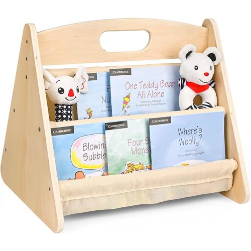 AZSKY Double-Sided Toddler Bookshelf for Kids, Montessori Bookshelf to Display Books, Sling Book Rack Organizer, Playroom Classroom Nursery Book Shelves, Wooden Kid Bookcase for Baby Girl Boy（Beige）