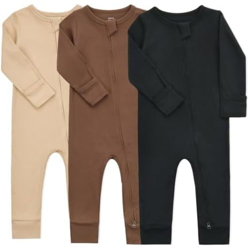 Aablexema Baby Cotton Fooltess Pajamas with Mitten, 3-pack Infant Romper Zip Up One Piece Jumpsuits Outfit