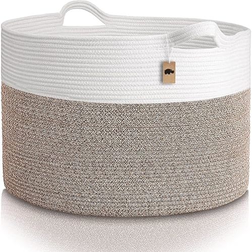 Large Cotton Rope Basket (22"x14") 100% Natural Cotton! Rope Basket, Woven Storage Basket, Large Basket, Blanket Basket Living Room, Toy Basket, Pillow Basket (White & Brown)