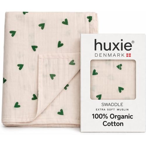Muslin Baby Swaddle Blanket 100% Organic Cotton 47” x 47” (Green Hearts)