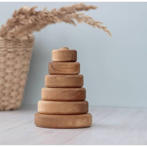 Natural wood Stacking Pyramid for 1 year old - Montessori educational toy, Sensory Waldorf toddler toys, Baby boy girl first birthday gift