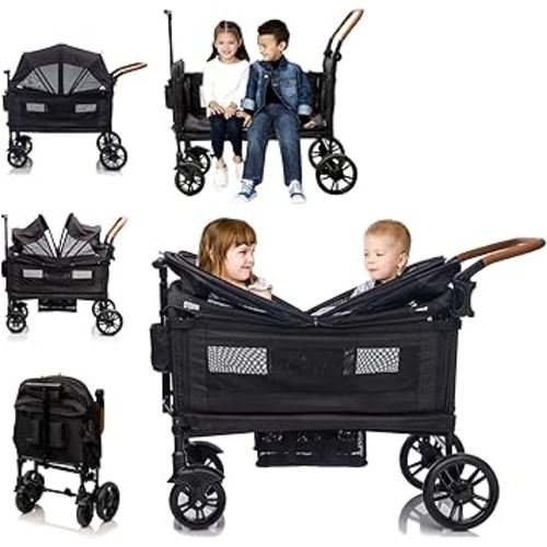 Wagon Stroller for 2 Kids & Cargo-Travel Push-Pull Double Baby Wagon Lightweight Folding Stroller for Toddler with 5-Point Harness,Adjustable Handle Bar and Canopy,Tray Table,Cup Holder