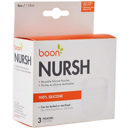 Boon Nursh Reusable Replacement Pouch with Collapsible Silicone Pouch Design - Everyday Baby Essentials - Stage 1 Slow Flow Bottles - Gray - 4 Oz - 4 Ounce
