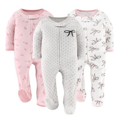 The Peanutshell Pink Balletcore Footed Baby Sleepers for Girls, 3 Pack, Newborn - Multicolored