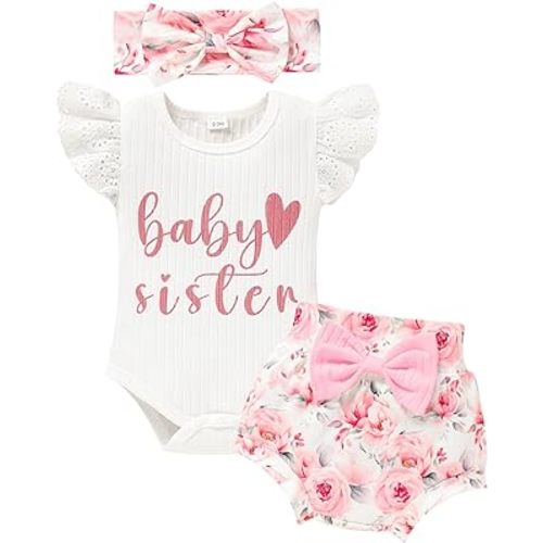Baby Girl Clothes Infant Summer Outfits Set Ruffle Short Sleeve Top+Flower Print Shorts+Bow Hairband 3 Pcs Set