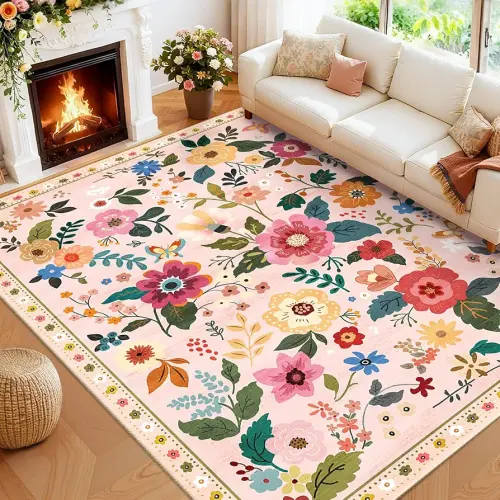 Floral Nursery 8x10 Area Rugs Washable Print Boho Cute Carpet Non Slip Flower Low Pile for Living Room Kids Girls Playroom Bedroom Kitchen Office Farmhouse-Pink