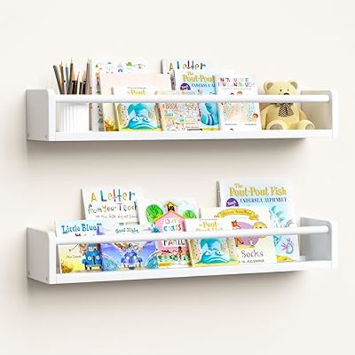 upsimples 2 Pack Nursery Book Shelves, 23.6 Inch Floating Bookshelves for Wall, Baby Nursery Decor, Small Solid Wood Wall Mounted Shelves for Baby Kids Boys Girls, White