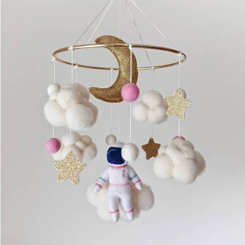 Realistic cloud mobile nursery Space mobile crib Girl astronaut mobile Glitter star moon mobile Felt neutral baby mobile Cloud theme