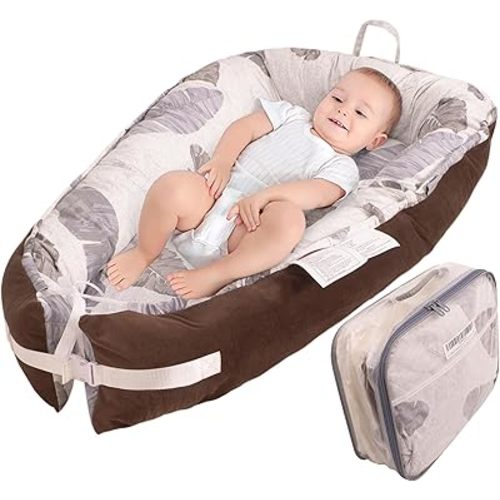 Baby Lounger, Ultra Soft Breathable Cotton Multiple Patterns, Removable Washable Cover, Portable & Adjustable, Perfect for Tummy Time, Newborn Shower (Pattern Big Leaves and Velvet)