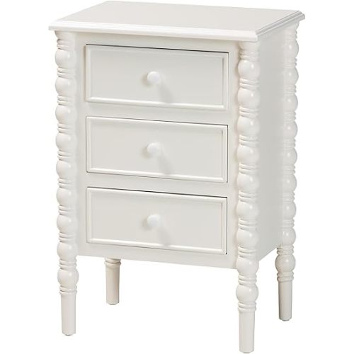 Baxton Studio Malinda End Table with Spindle Legs, 3-Drawer, White