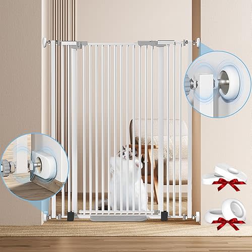 56.69" Extra Tall Cat Gate for Doorways, 29.5"-40.5" Auto Close Durable Cat Gate Indoor for Stairs, Doorways and Hallways, No Drilling Pressure Mount Kit Cat Barrier with 4 Wall Cups, White