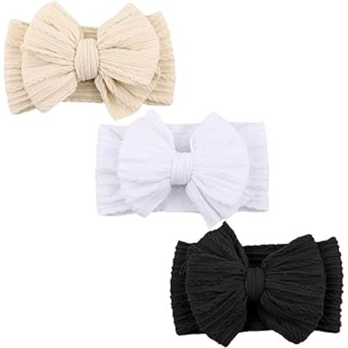 DRESHOW BQUBO Handmade Baby Headbands Soft & Stretchy Hair Bands with Bows Nylon Bows Hairbands for Girls Newborn Infant Toddlers Hair Accessories 3 pack