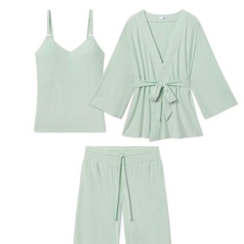LAKE Pajamas | Parisian Green Pencil Stripe Maternity Kimono Bundle