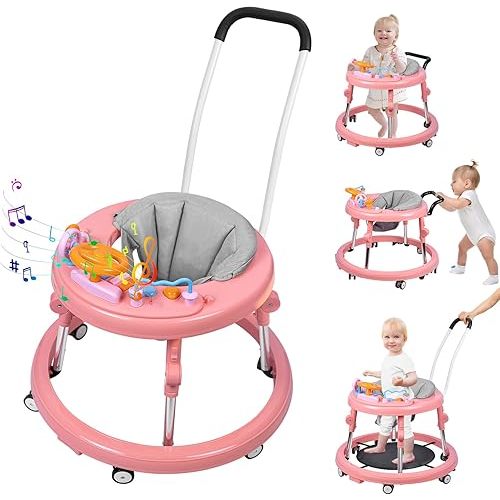 Baby Walker, Foldable 9-Gear Height Adjustable Baby Walker with Wheels, Infant Toddler Walker with Music Disk, Anti-Fall Baby Walkers and Activity Center with Foot Pads for Boys and Girls 6-24 Months